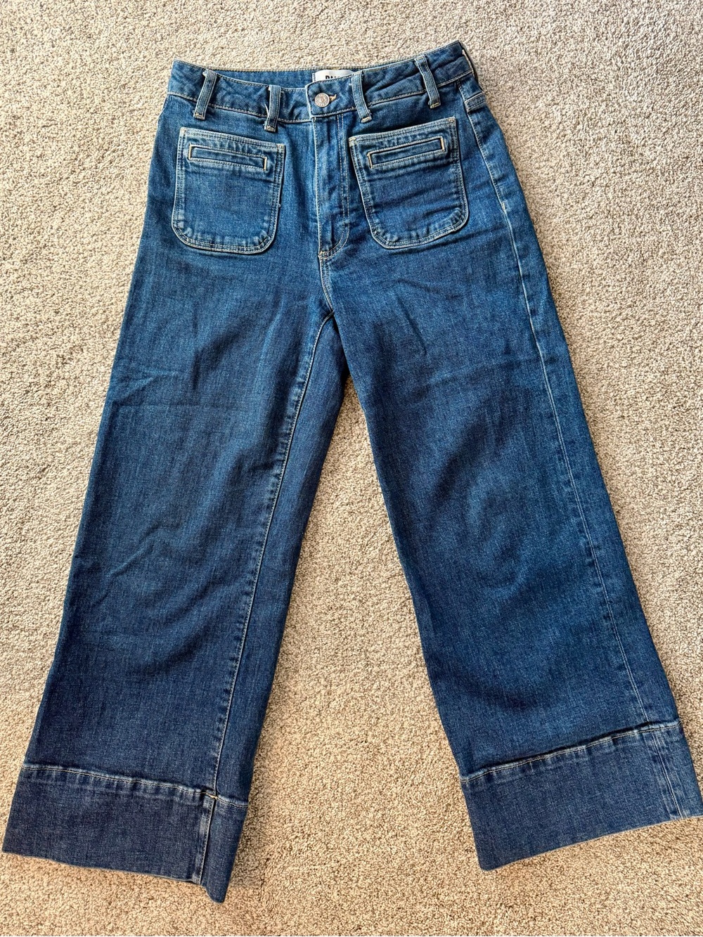 PAIGE Wide-Leg Dark Blue Denim Jeans with Front Patch Pockets
